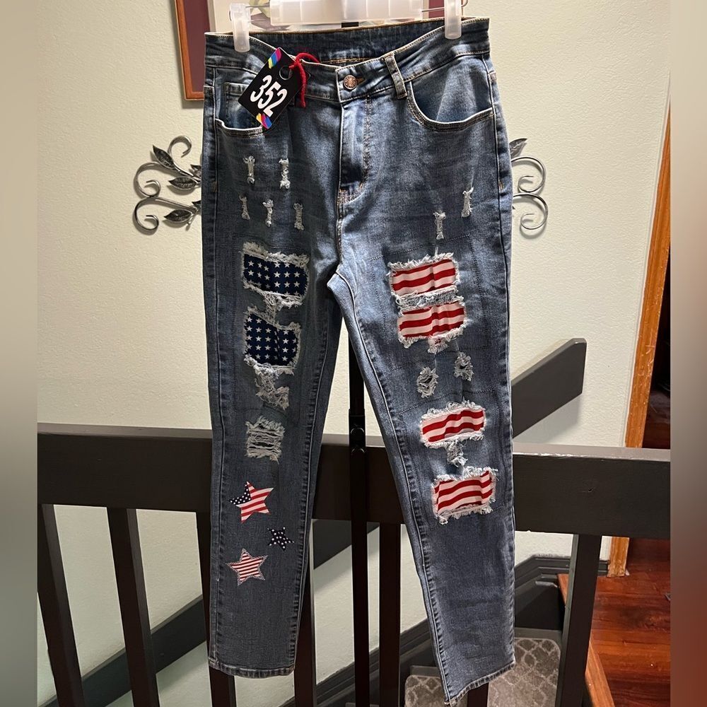 Red, White & Blue Flag Stylish Blue Distressed Jeans #DP352
